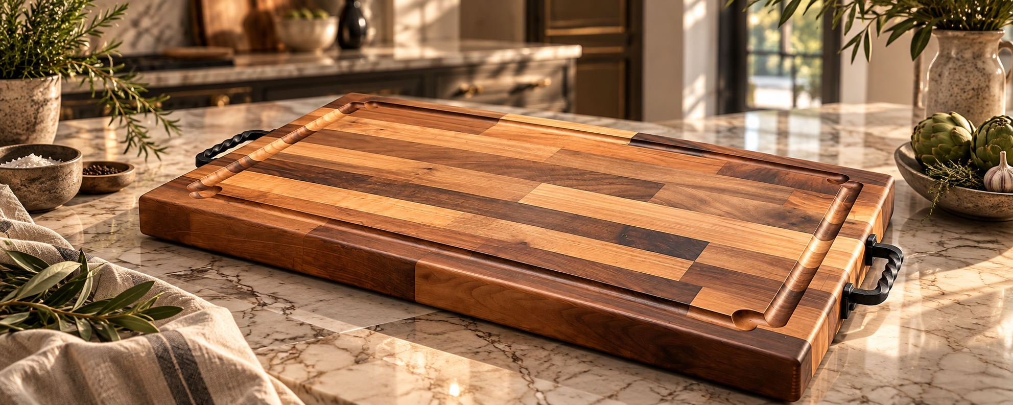 The Heritage Butcher Board resting on stone, beside linen and rosemary