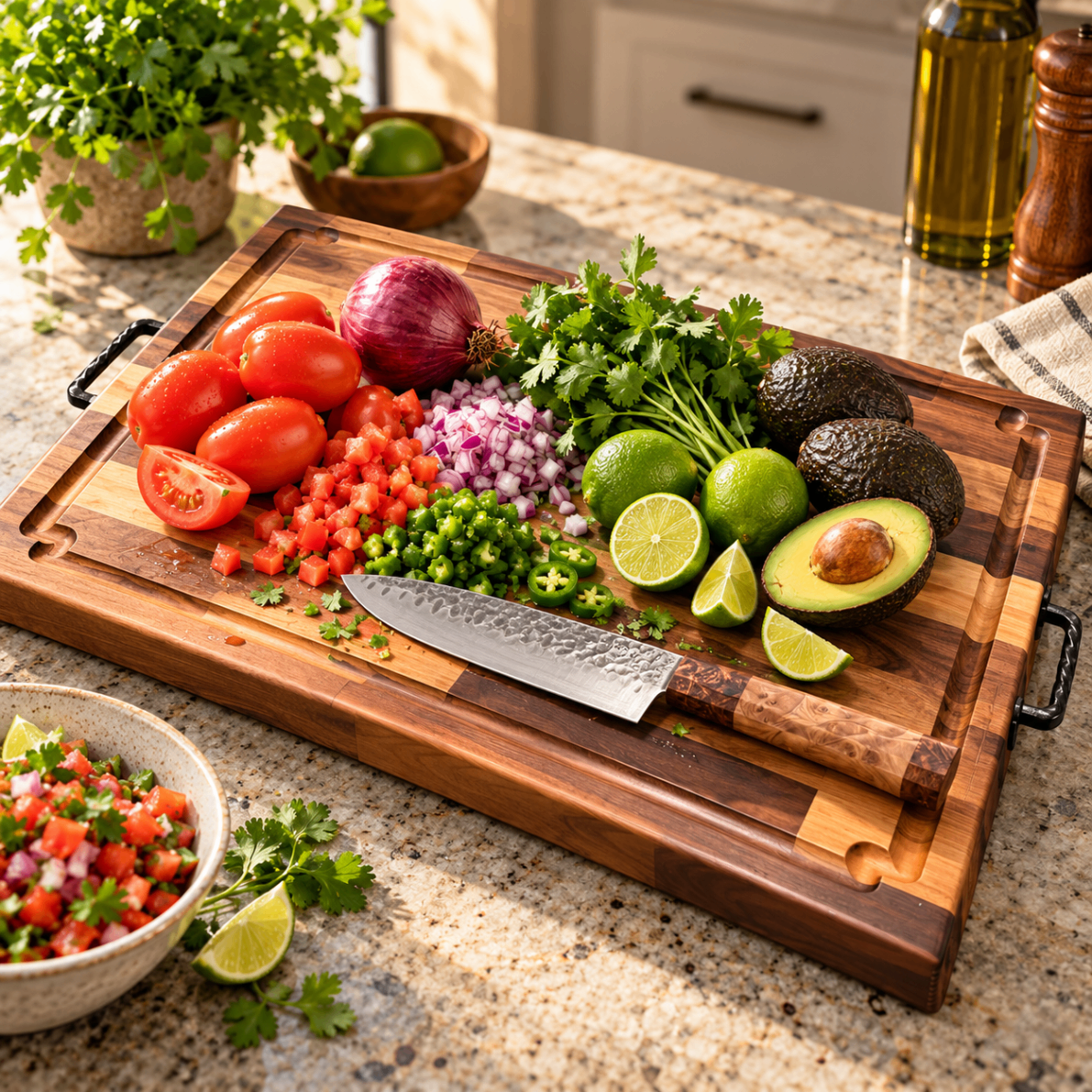 A chef's knife resting on the Heritage board during preparation